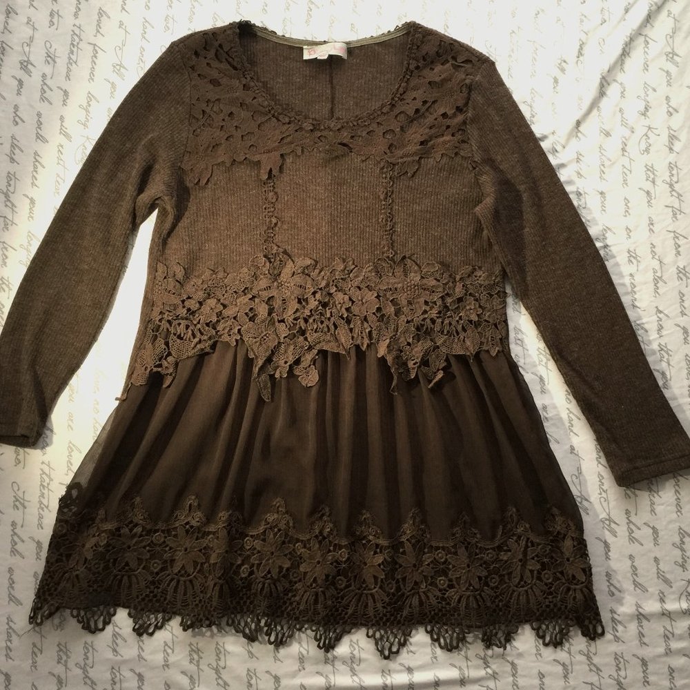 Long Top/Sweater Dress Knit With Lace and Sheer Overlay Chocolate Brown XL